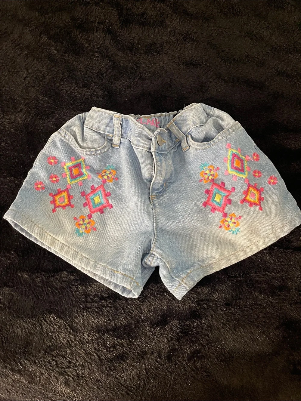 The Children's Place Light Wash Denim Shorts with Pink & Teal Embroidery